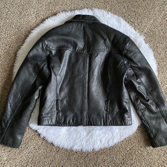 Express Genuine Leather Jacket Vintage Black Moto Y2K Womens Size Medium No Belt - Picture 2 of 11